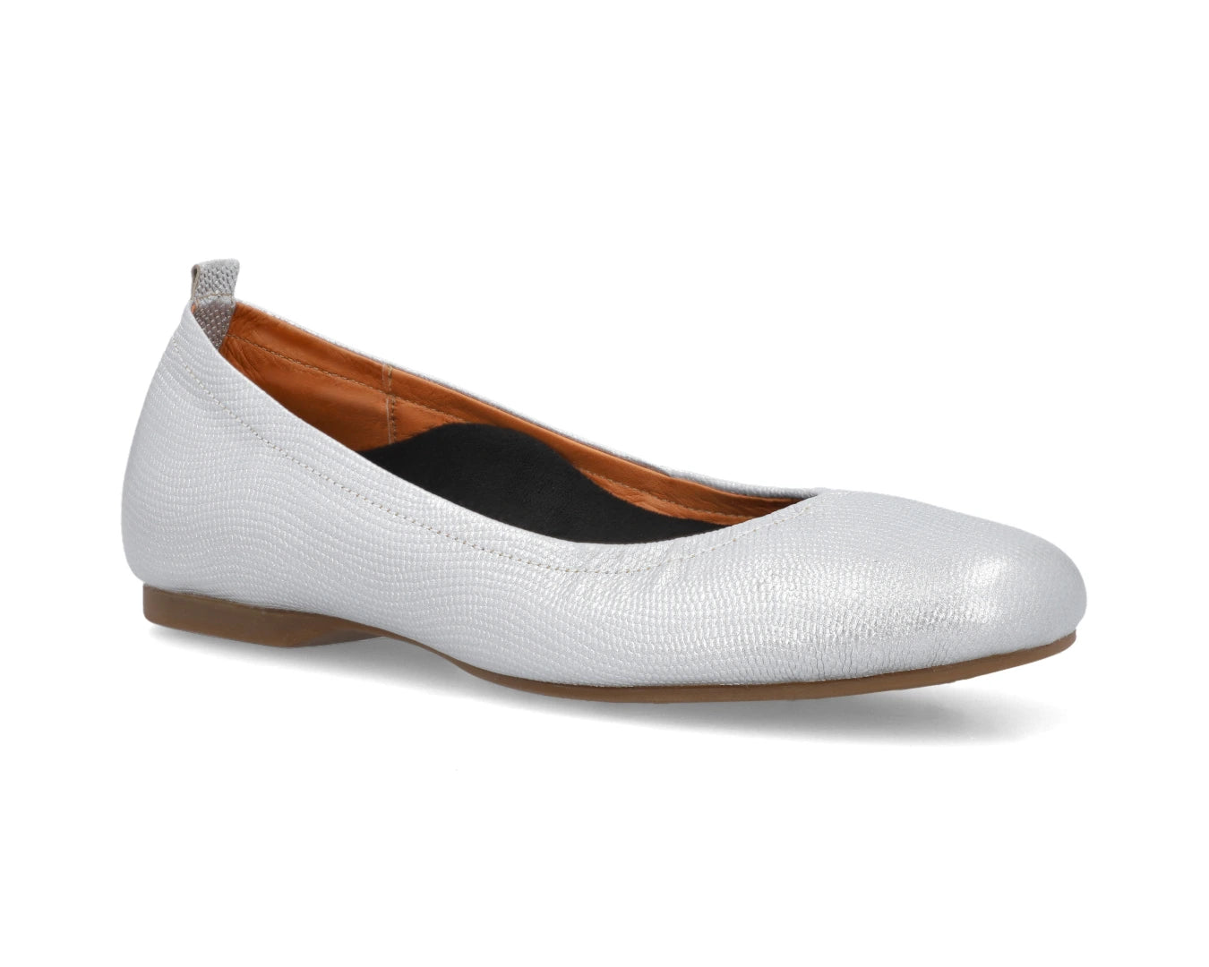 Three-quarter front view of Silver Wild-Embossed Full Grain Leather Ballet Flats with a semi-round toe and removable BLACK FlexiComfort orthotic for flat feet.