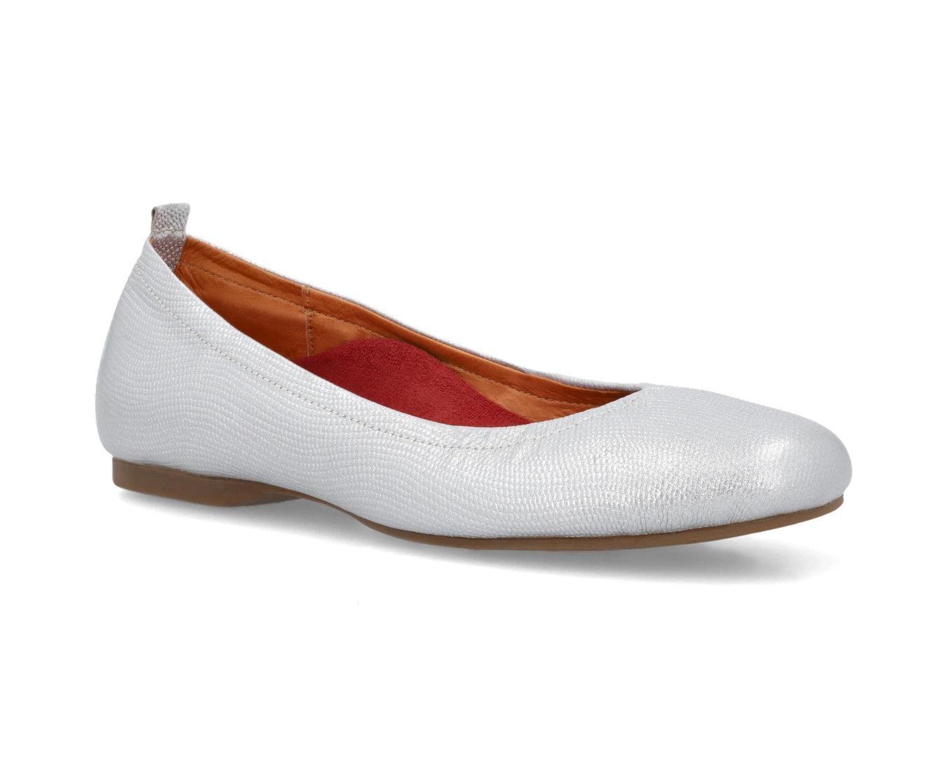 Three-quarter front view of Silver Wild-Embossed Full Grain Leather Ballet Flats with a semi-round toe and removable RED ArchSupport orthotic for flat feet, calcaneal spurs, and plantar fasciitis.