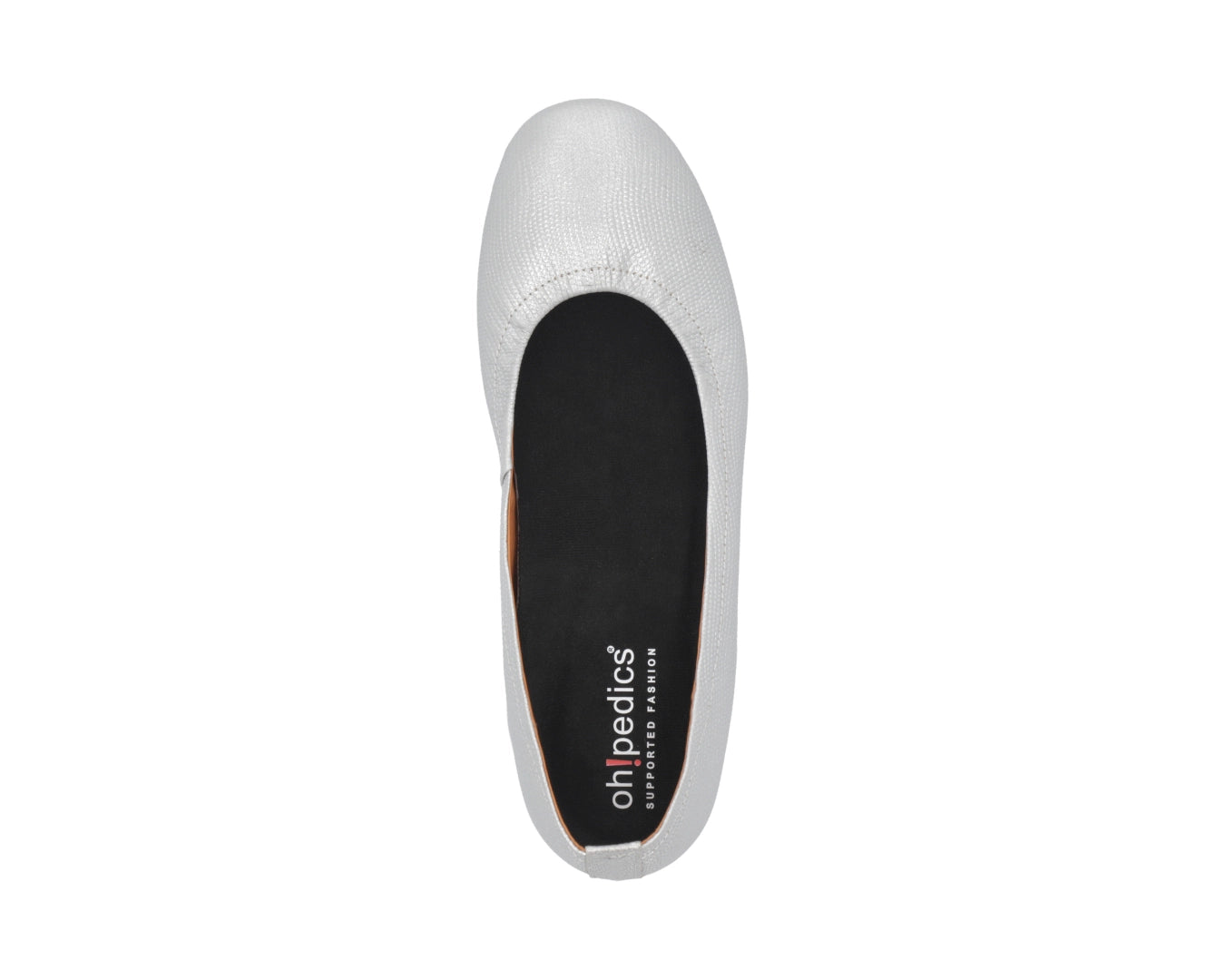 Top view of Silver Wild-Embossed Full Grain Leather Ballet Flats with a semi-round toe and removable BLACK FlexiComfort orthotic for flat feet.