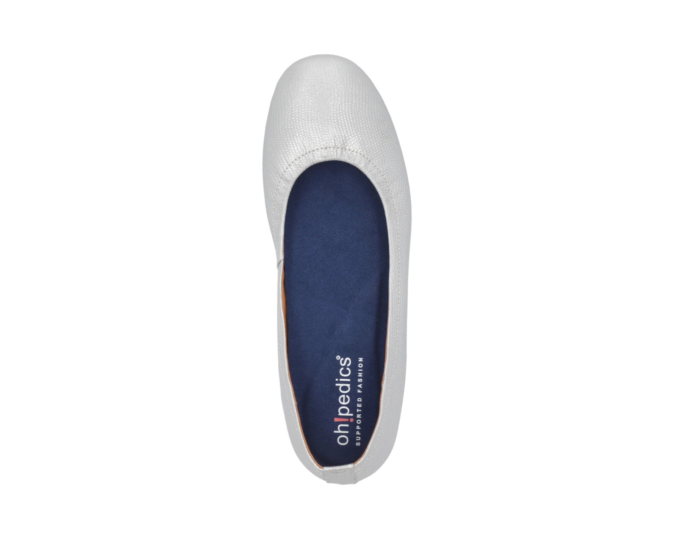 Top view of Silver Wild-Embossed Full Grain Leather Ballet Flats with a semi-round toe and BLUE ComfortFlex orthotic for feet without problems.