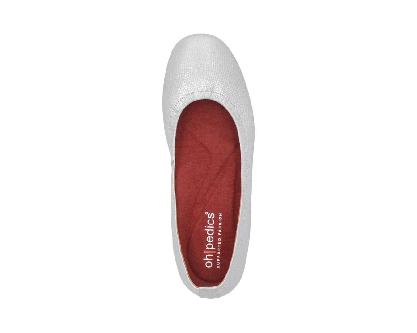 Top view of Silver Wild-Embossed Full Grain Leather Ballet Flats with a semi-round toe and RED ArchSupport orthotic for flat feet, calcaneal spurs, and plantar fasciitis.