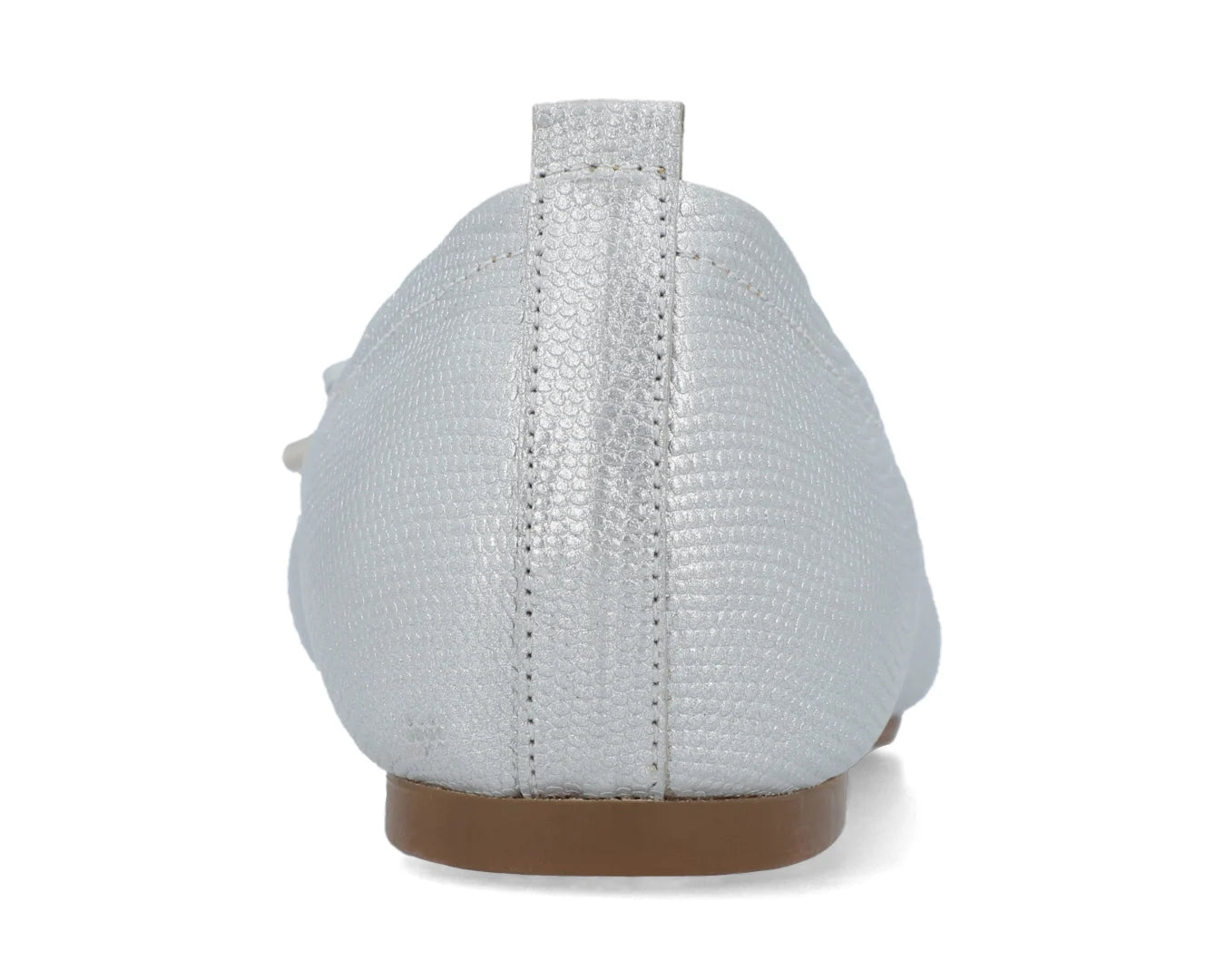 Back view of silver wild-embossed full-grain leather ballet flats with an elegant bow and silver tips showing the leather texture.