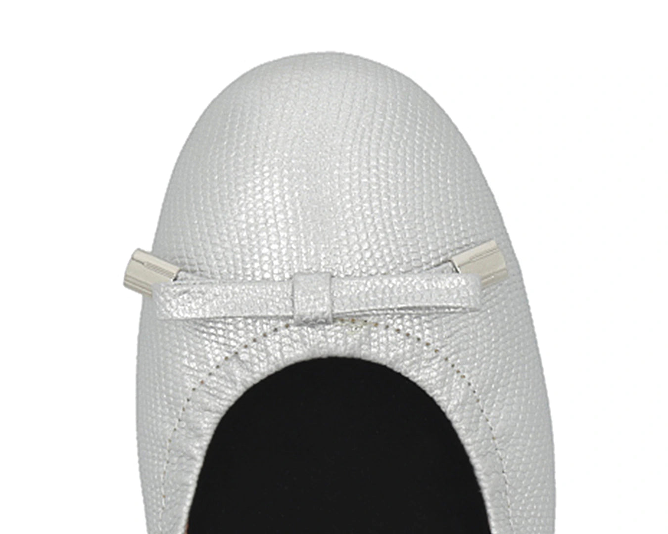Close-up of silver wild-embossed full-grain leather ballet flats with an elegant bow and silver tips featuring a removable BLACK FlexiComfort orthotic for flat feet.