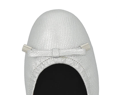 Close-up of silver wild-embossed full-grain leather ballet flats with an elegant bow and silver tips featuring a removable BLACK FlexiComfort orthotic for flat feet.