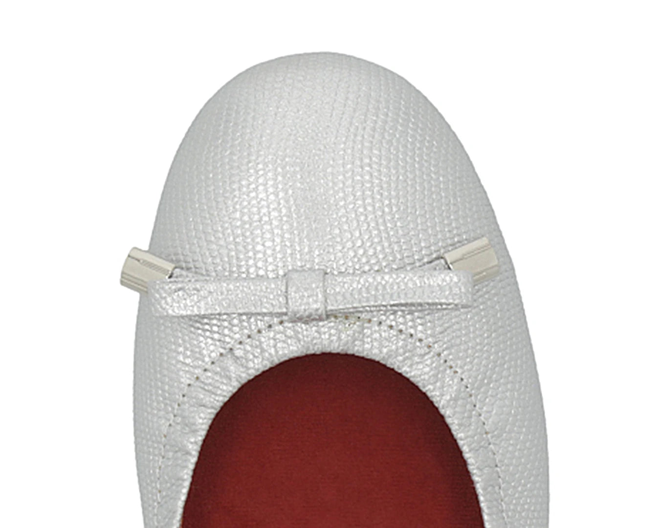 Close-up of silver wild-embossed full-grain leather ballet flats with an elegant bow and silver tips, featuring a removable RED ArchSupport orthotic, designed for flat feet, calcaneal spurs, and plantar fasciitis.