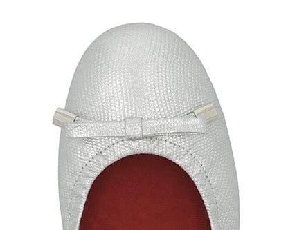 Close-up of silver wild-embossed full-grain leather ballet flats with an elegant bow and silver tips, featuring a removable RED ArchSupport orthotic, designed for flat feet, calcaneal spurs, and plantar fasciitis.