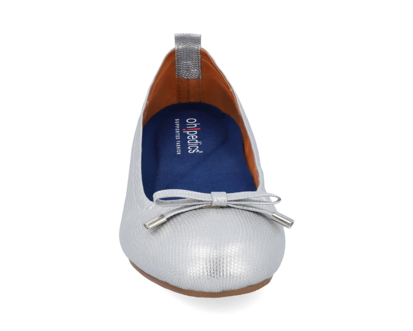 Front view of silver wild-embossed full-grain leather ballet flats with an elegant bow and silver tips featuring a removable   BLUE ComfortFlex orthotic for feet without problems.