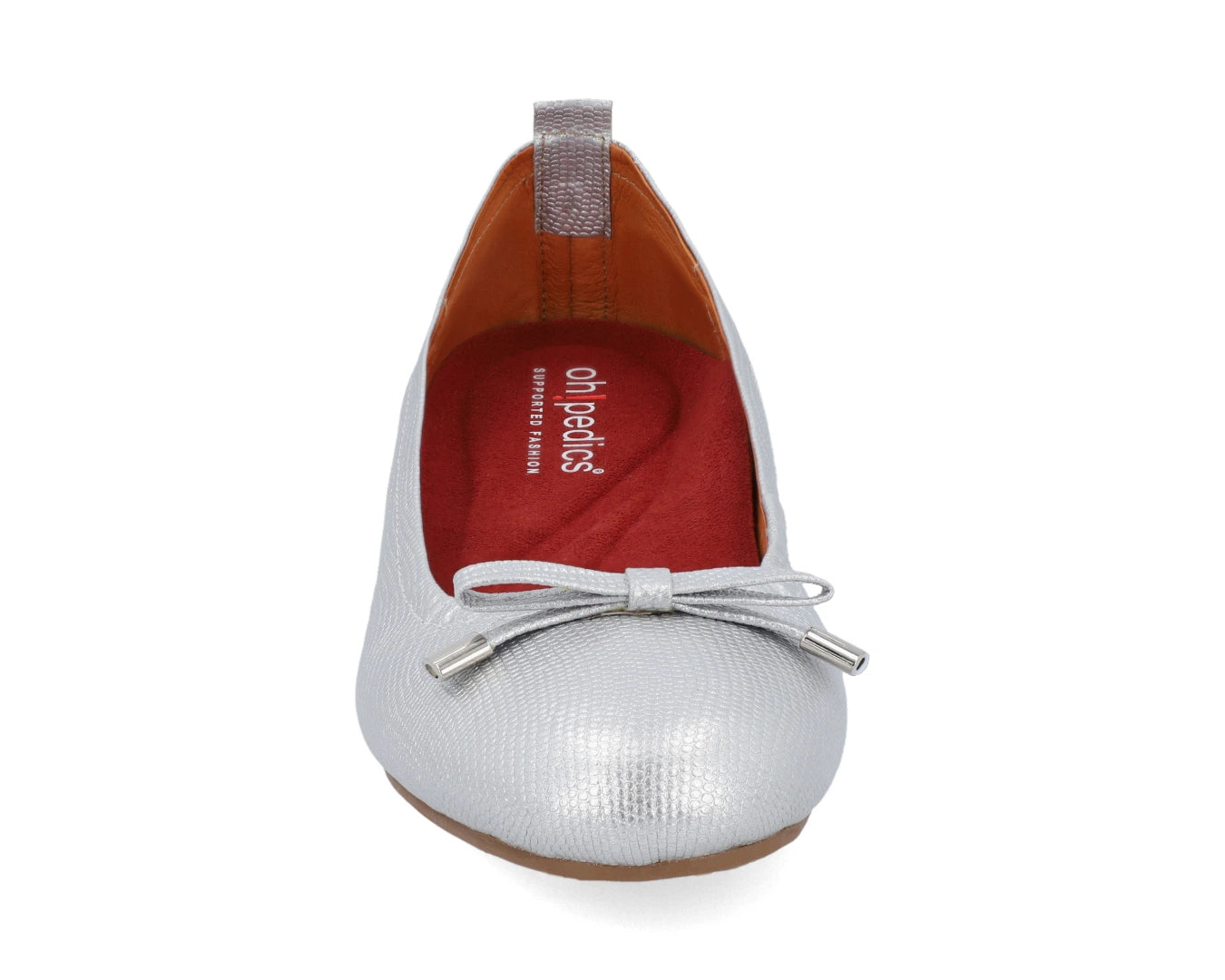 Front view of silver wild-embossed full-grain leather ballet flats with an elegant bow and silver tips featuring a removable RED Arch Support orthotic for flat feet, calcaneal spurs, and plantar fasciitis.