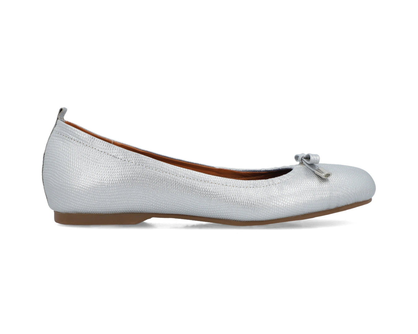 Silver wild-embossed full-grain leather ballet flats with an elegant bow and silver tips showcasing a semi-round toe.