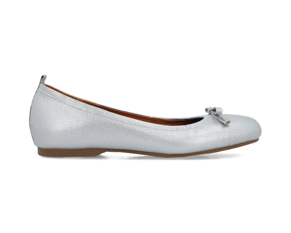 Silver wild-embossed full-grain leather ballet flats with an elegant bow and silver tips showcasing a semi-round toe.