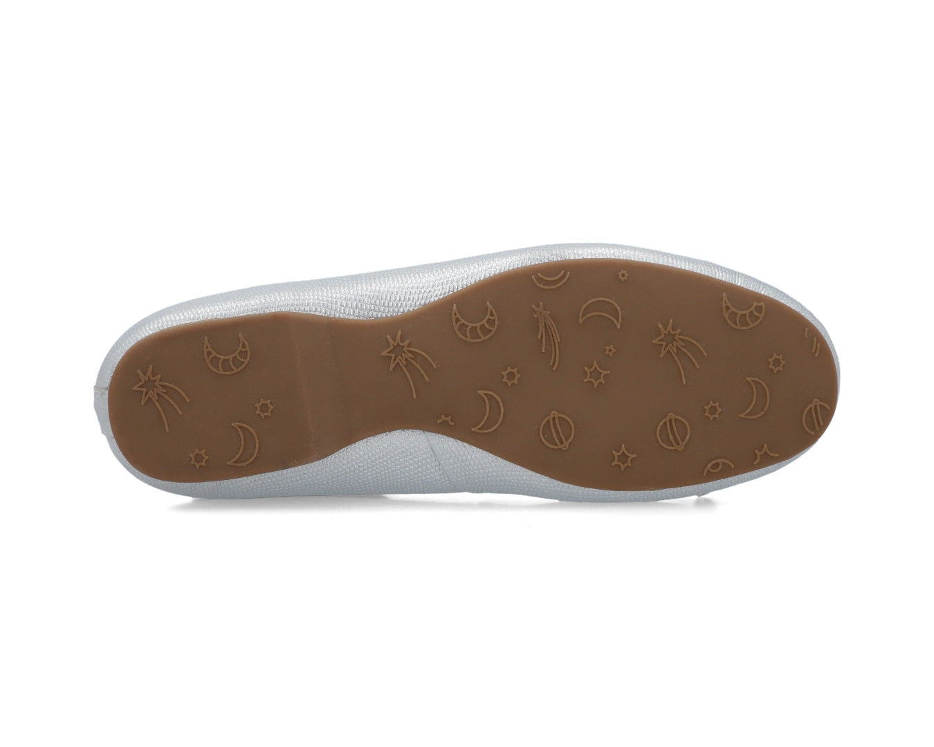 Sole view of silver wild-embossed full-grain leather ballet flats with an elegant bow and silver tips showing the one-piece rubber sole.