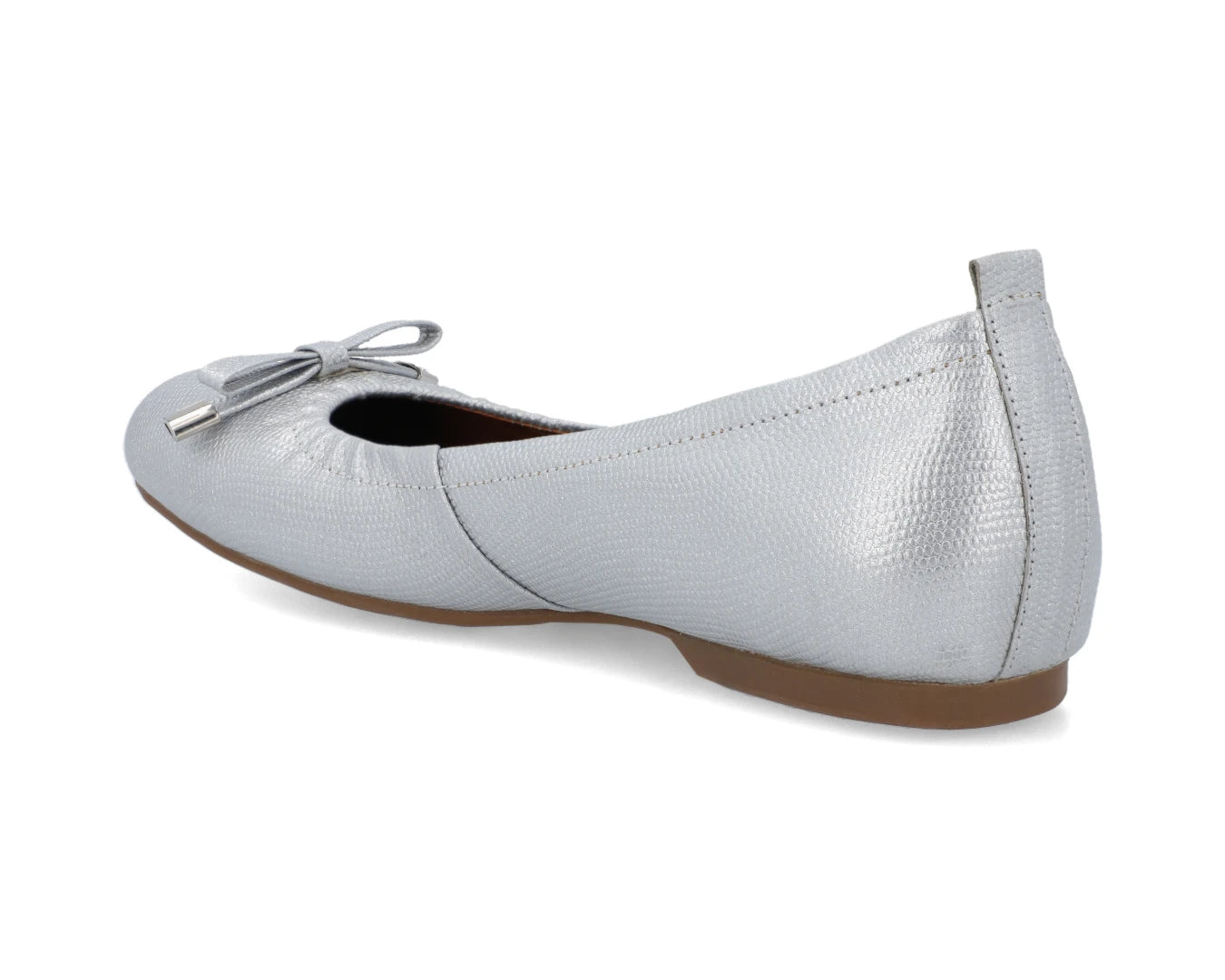 Three-quarter back view of silver wild-embossed full-grain leather ballet flats with an elegant bow and silver tips with a semi-round toe.