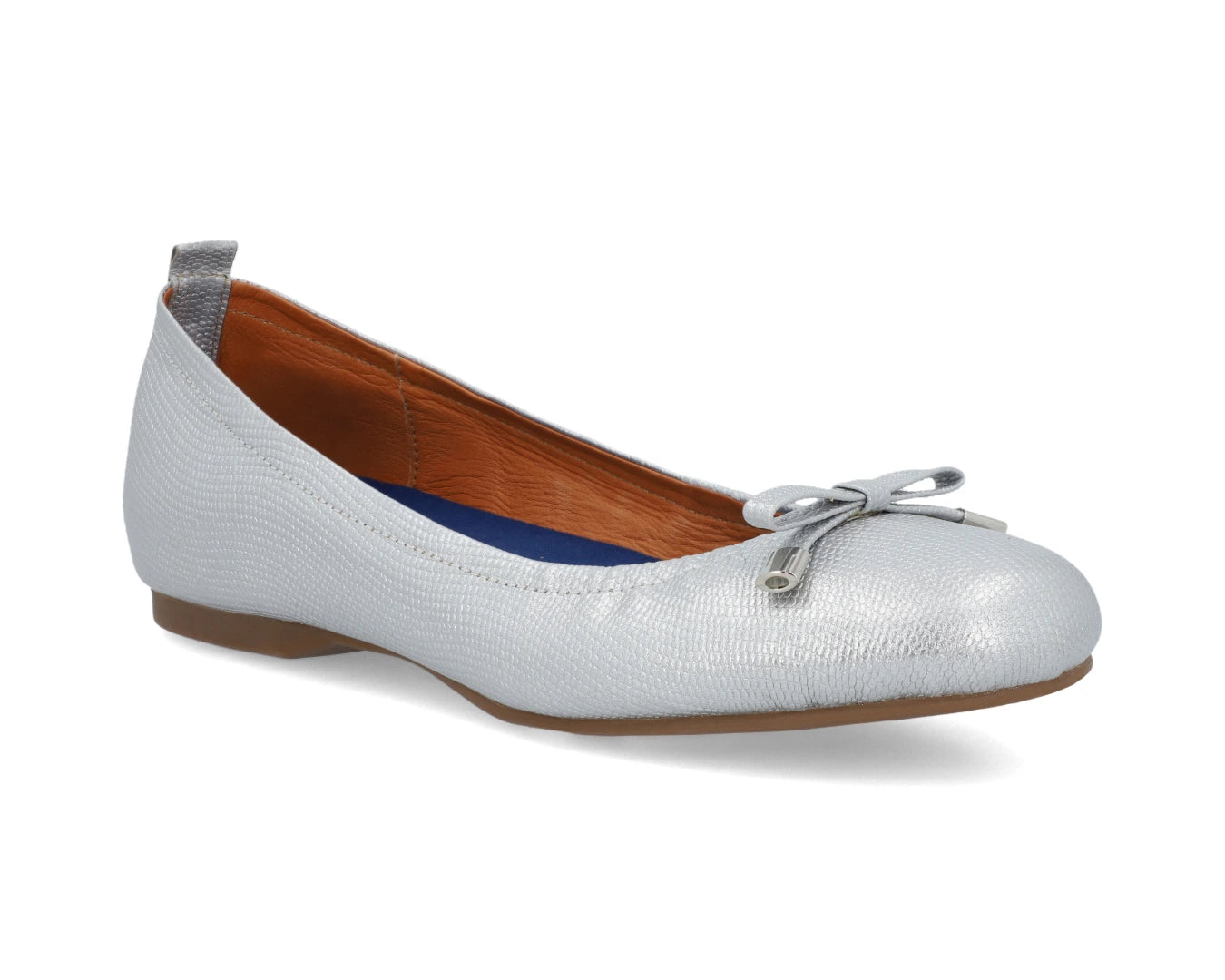 Three-quarter front view of silver wild-embossed full grain leather ballet flats with an elegant bow and silver tips featuring a semi-round toe and removable BLUE ComfortFlex orthotic for feet without problems.