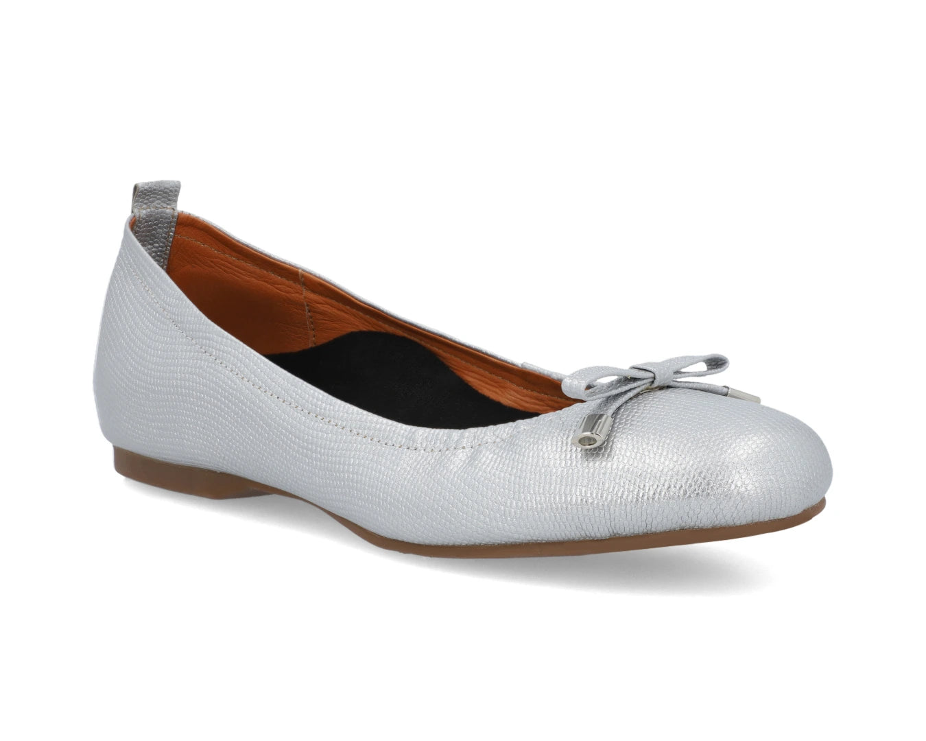 Three-quarter front view of silver wild-embossed full grain leather ballet flats  with an elegant bow and silver tips and a semi-round toe and removable BLACK FlexiComfort orthotic for flat feet.