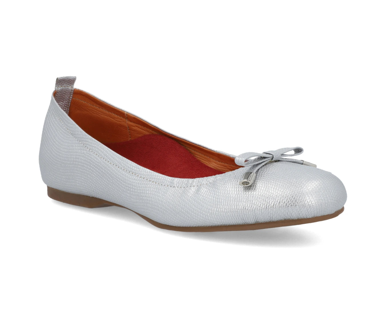 Three-quarter front view of silver wild-embossed full grain leather ballet flats  with an elegant bow and silver tips featuring a semi-round toe and removable RED ArchSupport orthotic for flat feet, calcaneal spurs, and plantar fasciitis.