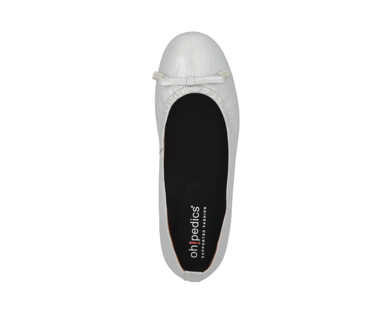 Top view of silver wild-embossed full-grain leather ballet flats with an elegant bow and silver tips with a semi-round toe and removable BLACK FlexiComfort orthotic for flat feet.