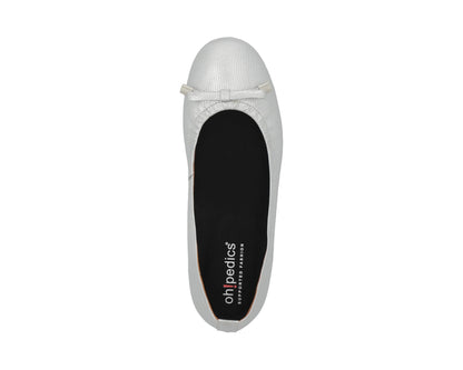 Top view of silver wild-embossed full-grain leather ballet flats with an elegant bow and silver tips with a semi-round toe and removable BLACK FlexiComfort orthotic for flat feet.