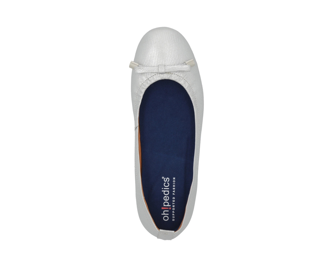 Top view of silver wild-embossed full-grain leather ballet flats with an elegant bow and silver tips, with a semi-round toe and BLUE ComfortFlex orthotic for feet without problems.