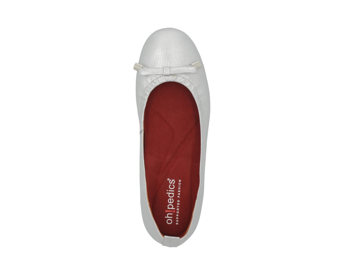 Top view of silver wild-embossed full-grain leather ballet flats with an elegant bow and silver tips, with a semi-round toe featuring RED ArchSupport orthotic for flat feet, calcaneal spurs, and plantar fasciitis.