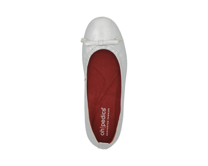Top view of silver wild-embossed full-grain leather ballet flats with an elegant bow and silver tips, with a semi-round toe featuring RED ArchSupport orthotic for flat feet, calcaneal spurs, and plantar fasciitis.
