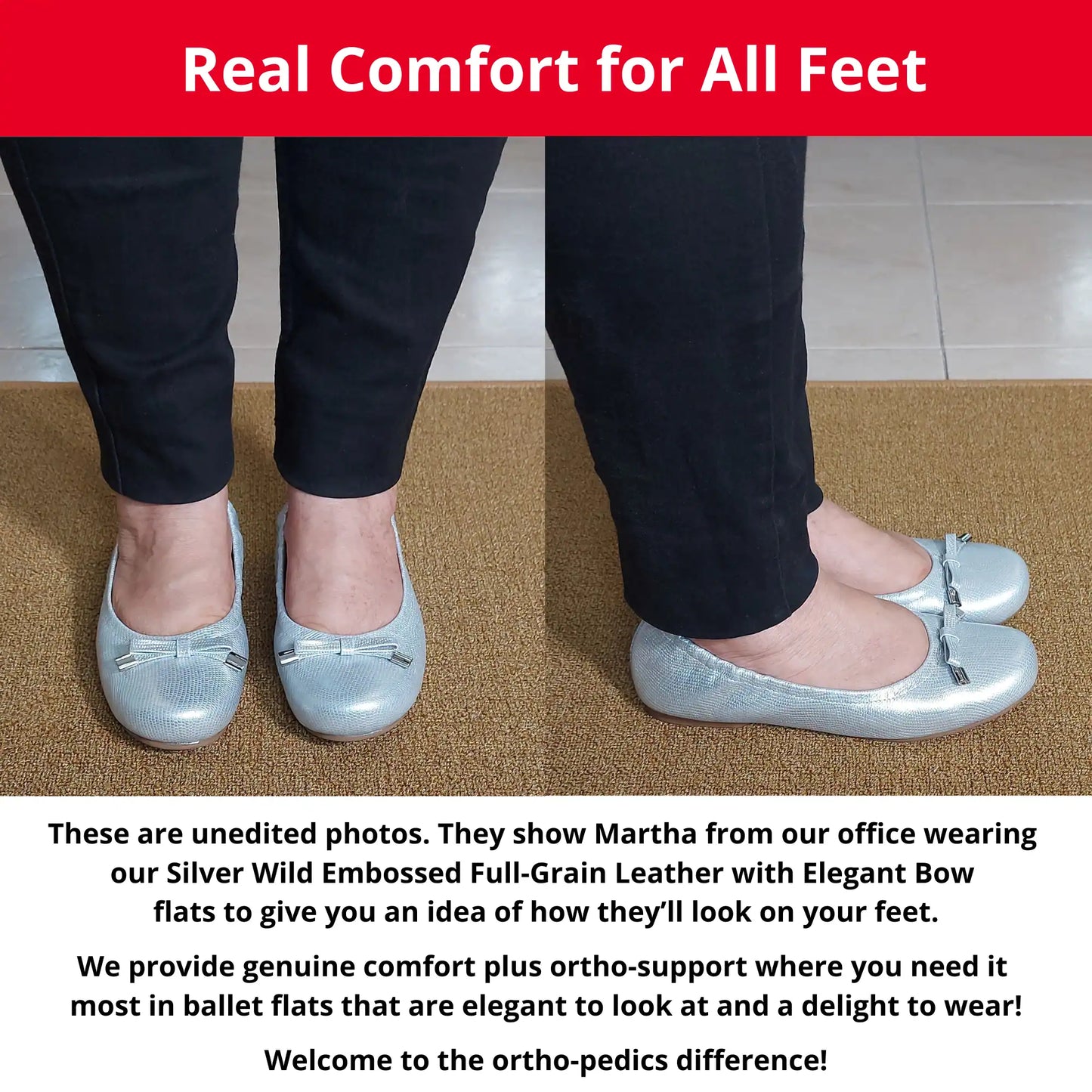 Martha from our office wearing Silver Wild Embossed Full Grain leather with Elegant Bow orthopedic ballet flats, showing a front and side view. The image also includes descriptive text highlighting the genuine comfort, ortho-support, and elegant style of these flats.