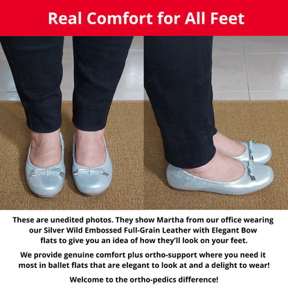 Martha from our office wearing Silver Wild Embossed Full Grain leather with Elegant Bow orthopedic ballet flats, showing a front and side view. The image also includes descriptive text highlighting the genuine comfort, ortho-support, and elegant style of these flats.