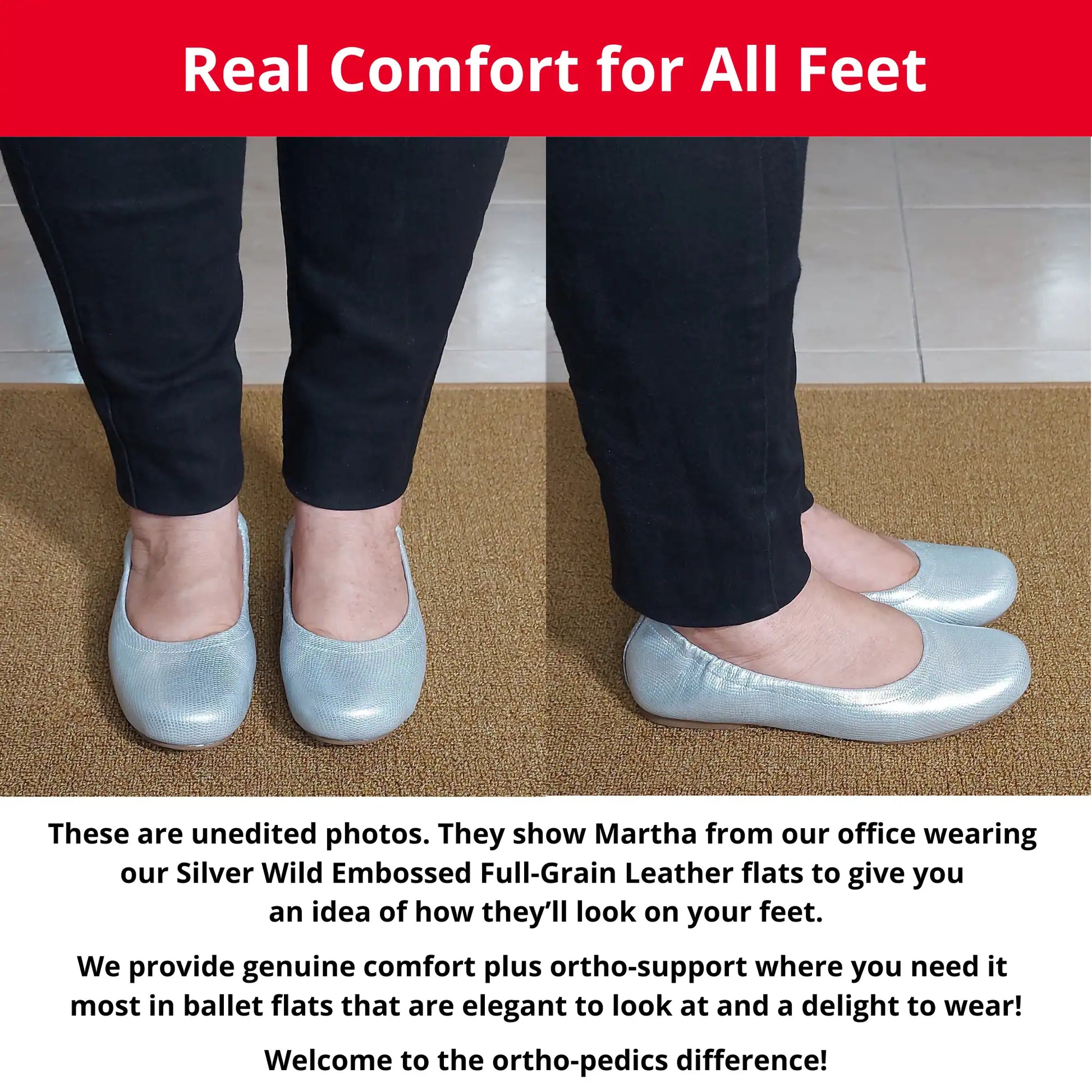 Martha from our office wearing Silver Wild Embossed Full-Grain Leather orthopedic ballet flats, showing a front and side view. The image also includes descriptive text highlighting the genuine comfort, ortho-support, and elegant style of these flats.