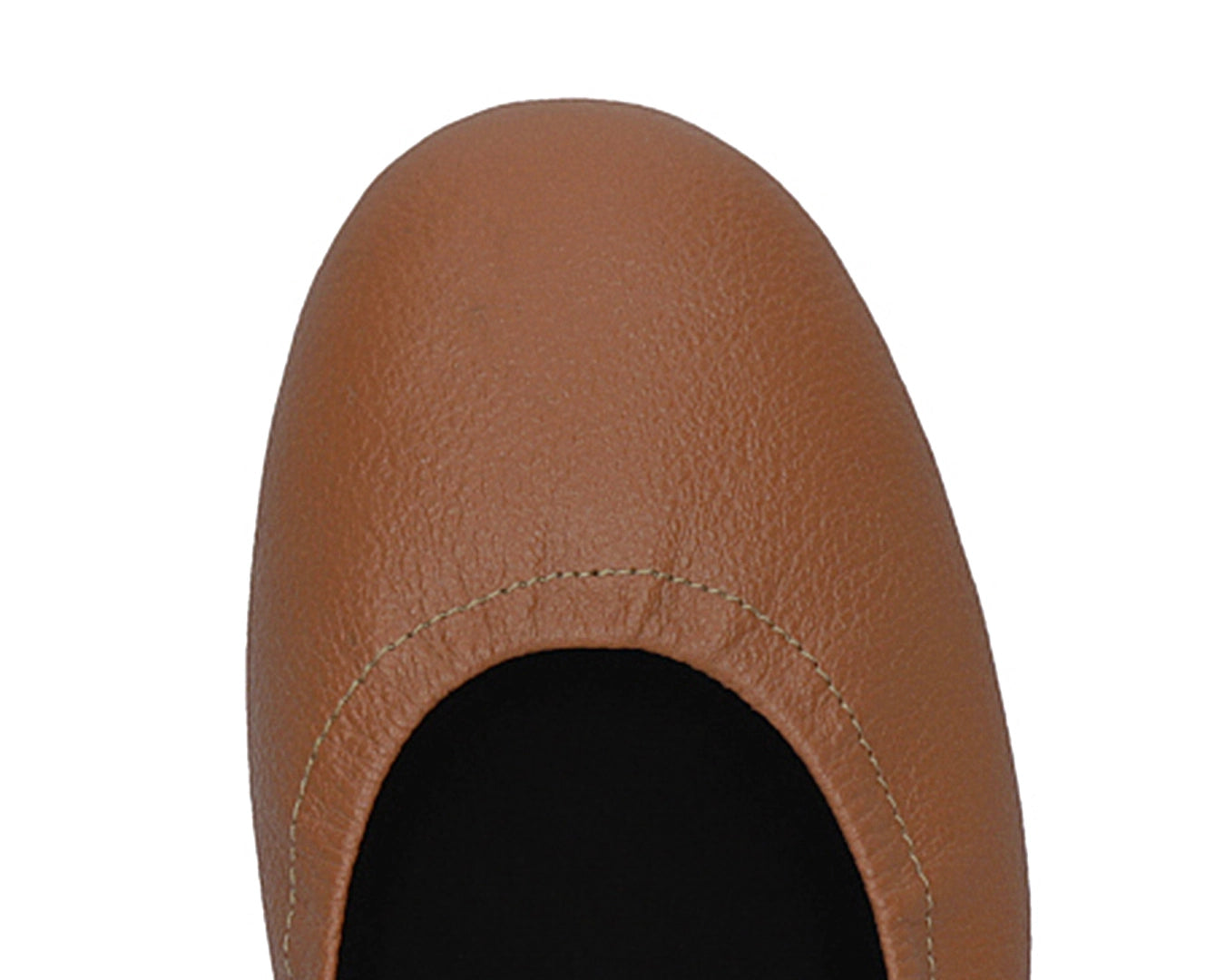 Close-up of the full-grain leather on Tan Ballet Flats with removable BLACK FlexiComfort orthotic for flat feet.