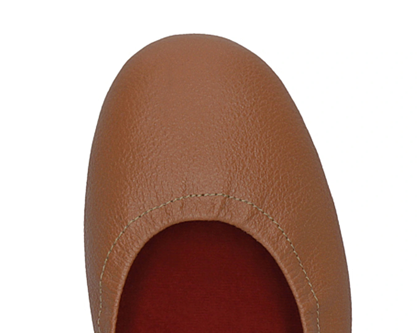 Close-up of the full-grain leather on Tan Ballet Flats with removable RED ArchSupport orthotic for flat feet, calcaneal spurs, and plantar fasciitis.