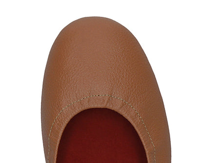 Close-up of the full-grain leather on Tan Ballet Flats with removable RED ArchSupport orthotic for flat feet, calcaneal spurs, and plantar fasciitis.
