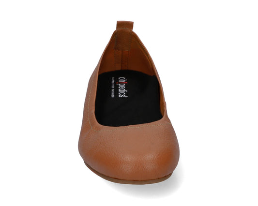 Front view of Tan Full-Grain Leather Ballet Flats with a semi-round toe and BLACK FlexiComfort orthotic for flat feet.