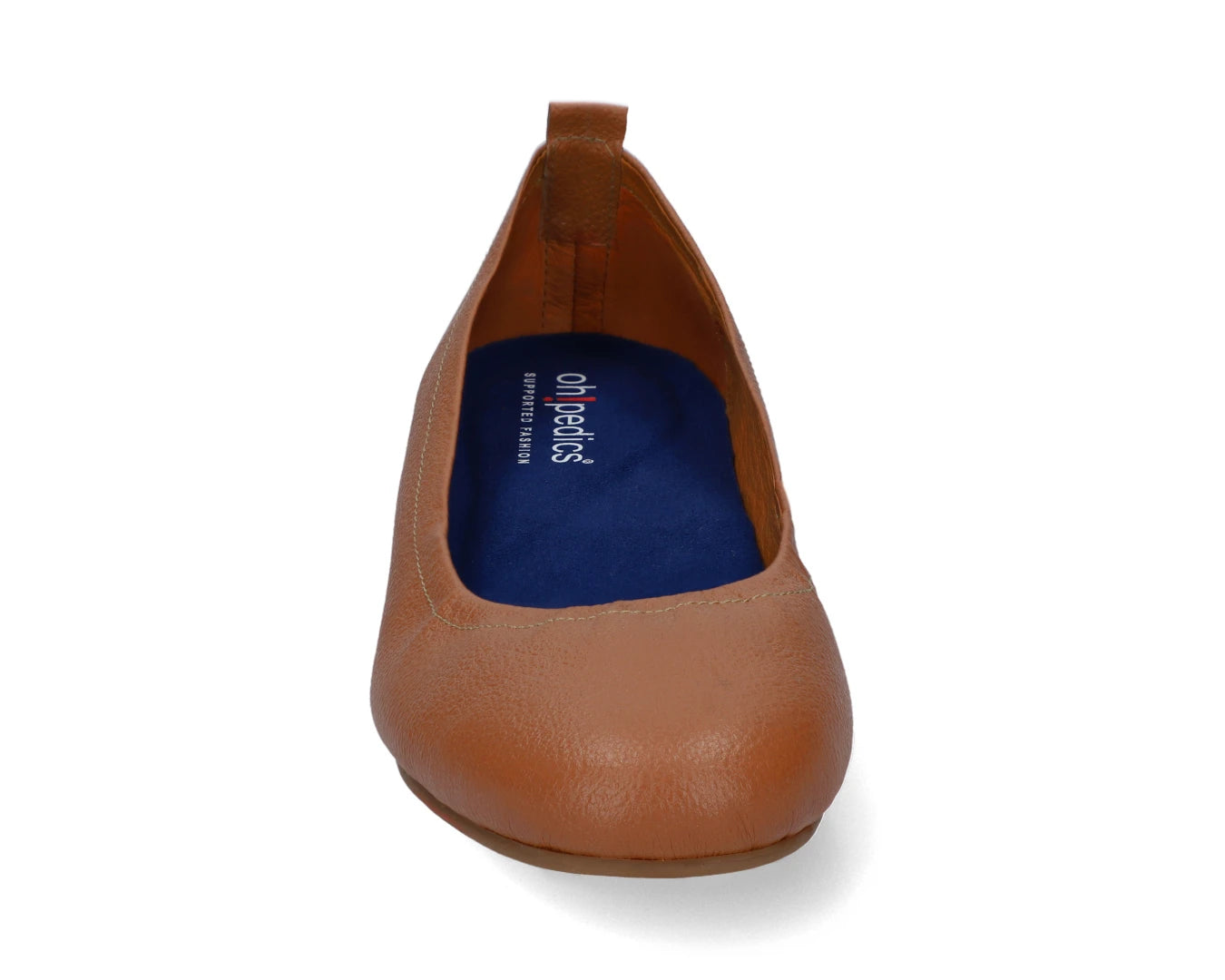 Front view of Tan Full-Grain Leather Ballet Flats with a semi-round toe and BLUE ComfortFlex orthotic for feet without problems.