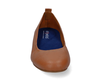 Front view of Tan Full-Grain Leather Ballet Flats with a semi-round toe and BLUE ComfortFlex orthotic for feet without problems.