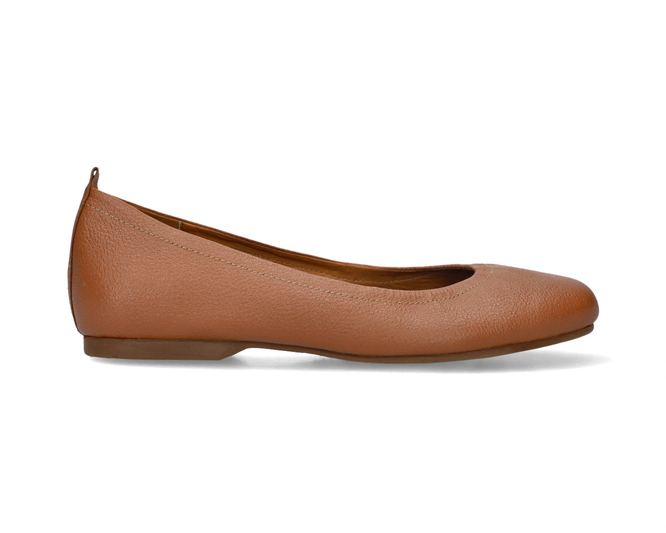 Side view of Tan Full-Grain Leather Ballet Flats showcasing a semi-round toe.
