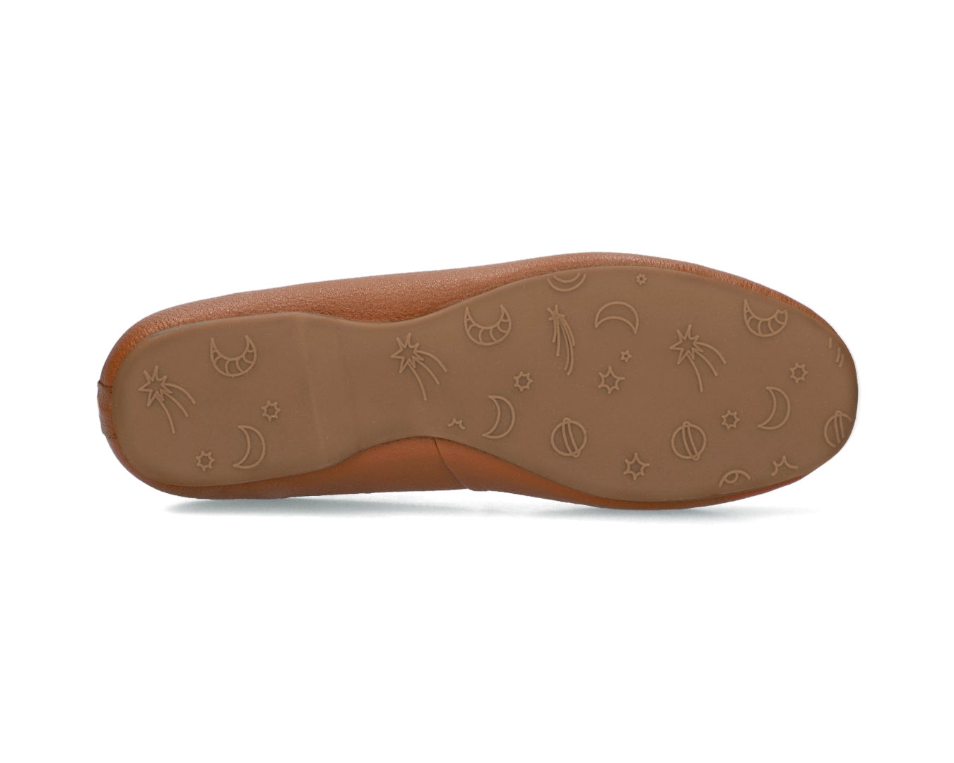 Sole view of Tan Full-Grain Leather Ballet Flats showing the one-piece rubber sole.