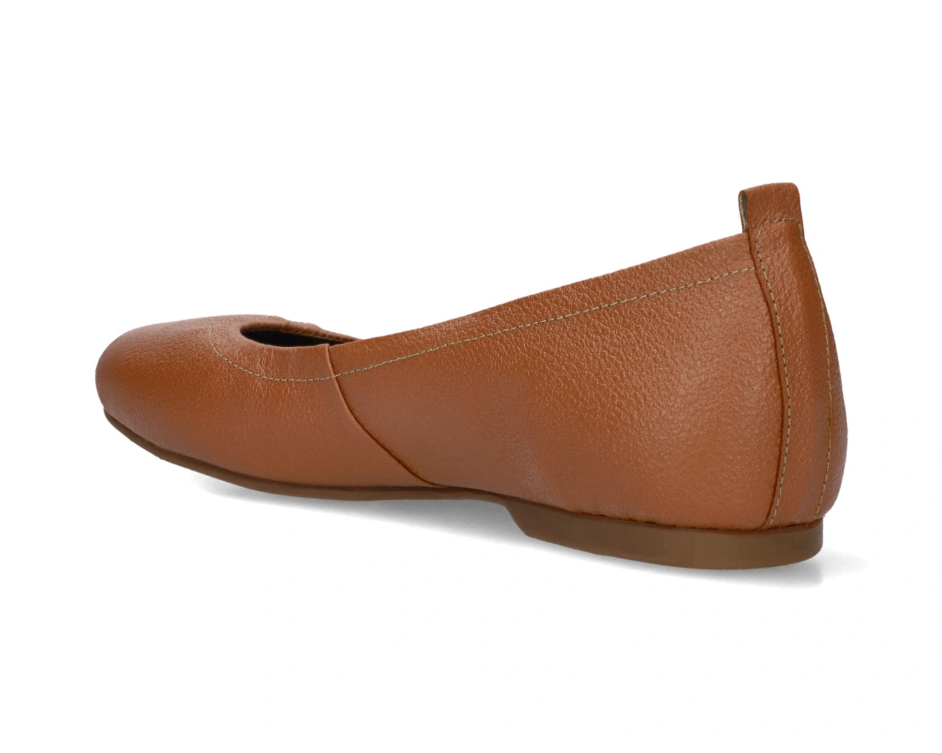 Three-quarter back view of Tan Full-Grain Leather Ballet Flats with a semi-round toe.