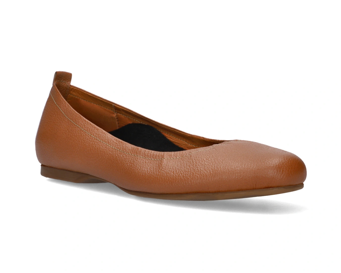 Three-quarter front view of Tan Full-Grain Leather-Ballet Flats with a semi-round toe and removable BLACK FlexiComfort orthotic for flat feet.