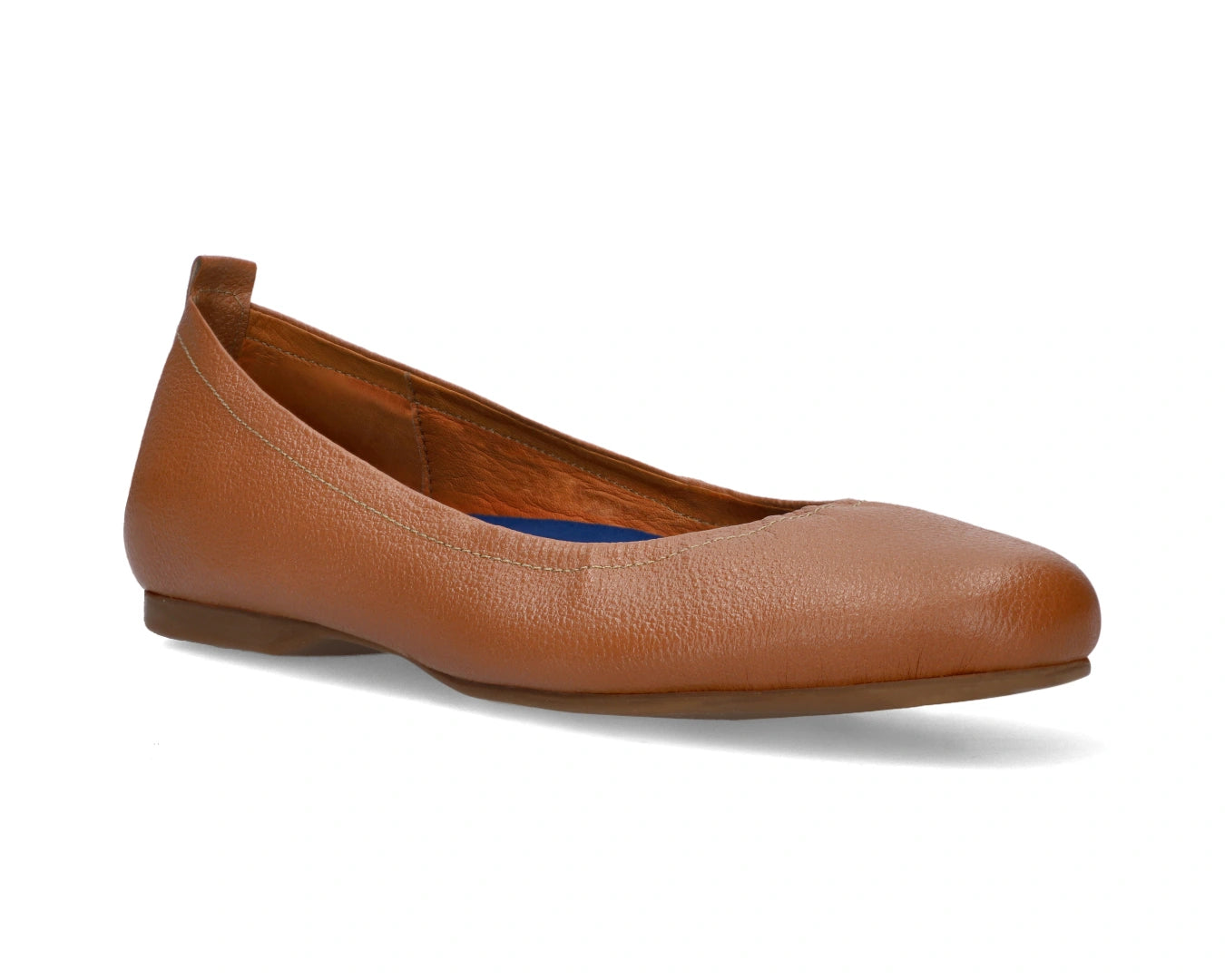 Three-quarter front view of Tan Full-Grain Leather Ballet Flats with a semi-round toe and removable BLUE ComfortFlex orthotic for feet without problems.