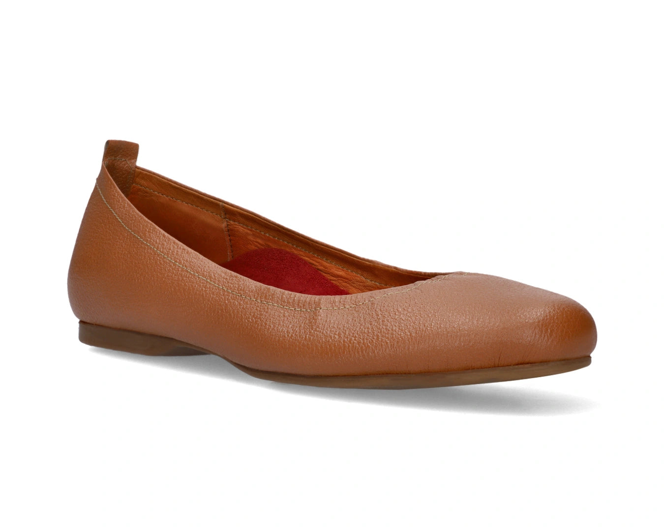 Three-quarter front view of Tan Full-Grain Leather Ballet Flats with a semi-round toe and removable RED ArchSupport orthotic for flat feet, calcaneal spurs, and plantar fasciitis.