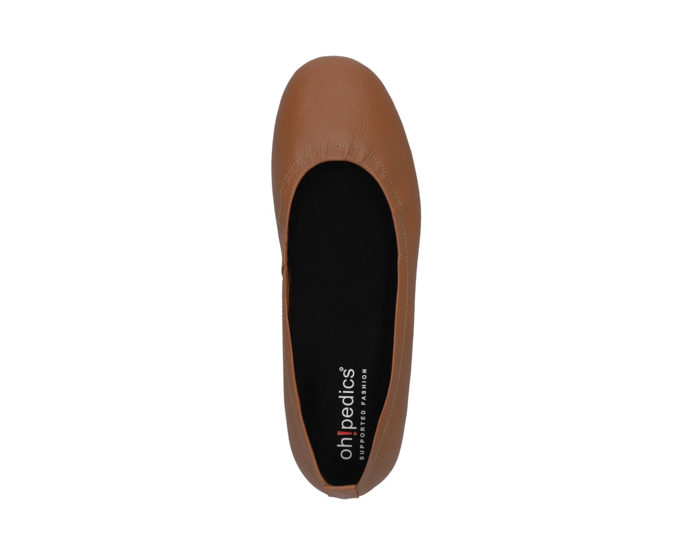 Top view of Tan Full-Grain Leather Ballet Flats with a semi-round toe and removable BLACK FlexiComfort orthotic for flat feet.