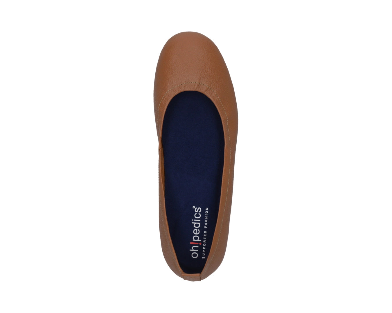 Top view of Tan Full-Grain Leather Ballet Flats with a semi-round toe and BLUE ComfortFlex orthotic for feet without problems.