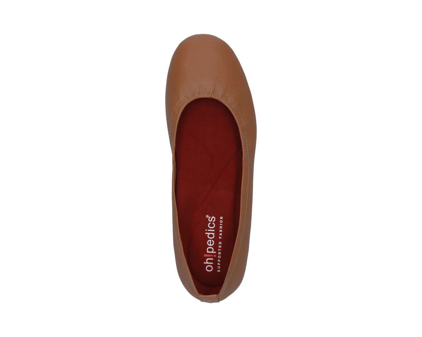 Top view of Tan Full-Grain Leather Ballet Flats with a semi-round toe and RED ArchSupport orthotic for flat feet, calcaneal spurs, and plantar fasciitis.