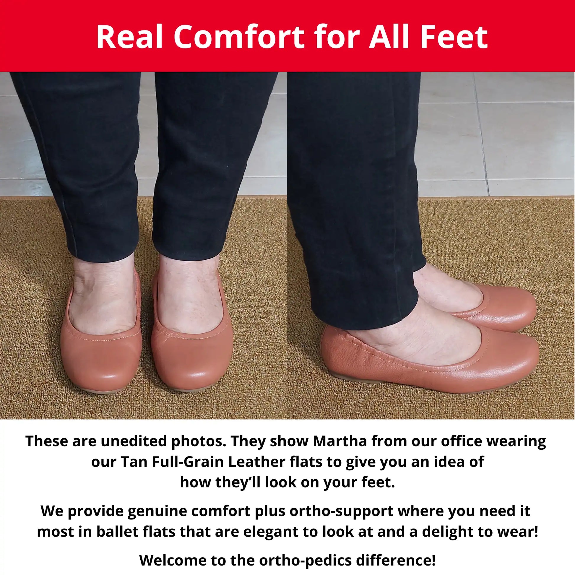 Martha from our office wearing Tan Full Grain leather orthopedic ballet flats, showing a front and side view. The image also includes descriptive text highlighting the genuine comfort, ortho-support, and elegant style of these flats.