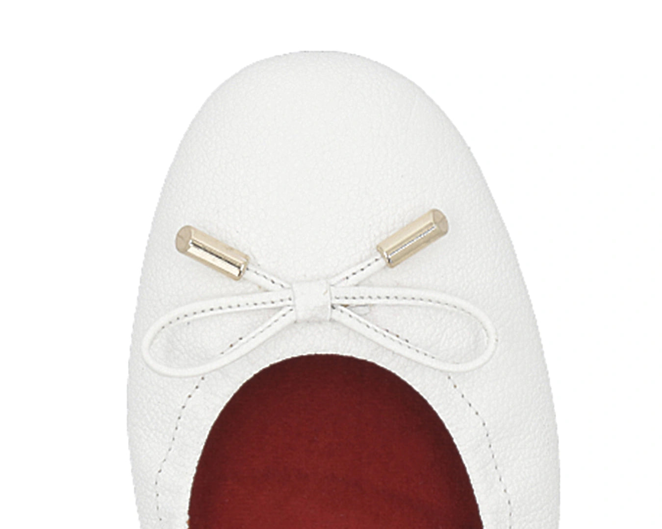 Close-up of the embossed grain leather on White full-grain leather ballet flats with removable RED ArchSupport orthotic for flat feet, calcaneal spurs, and plantar fasciitis and 24k-gold-plated-bows.