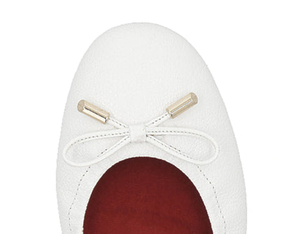 Close-up of the embossed grain leather on White full-grain leather ballet flats with removable RED ArchSupport orthotic for flat feet, calcaneal spurs, and plantar fasciitis and 24k-gold-plated-bows.