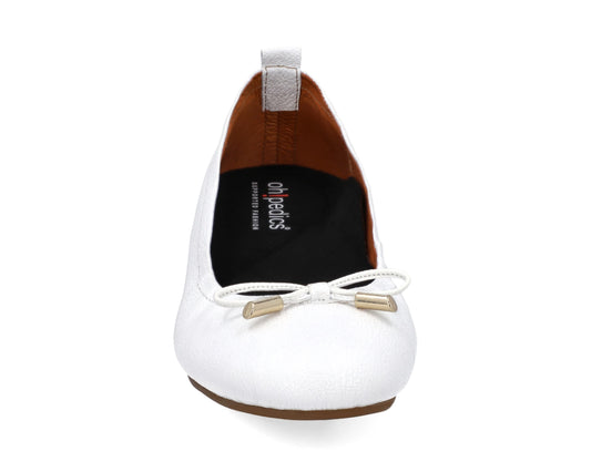 Front view of White Full-Grain Leather Ballet Flats with a semi-round toe and BLACK FlexiComfort orthotic for flat feet and 24k-gold-plated-bows.