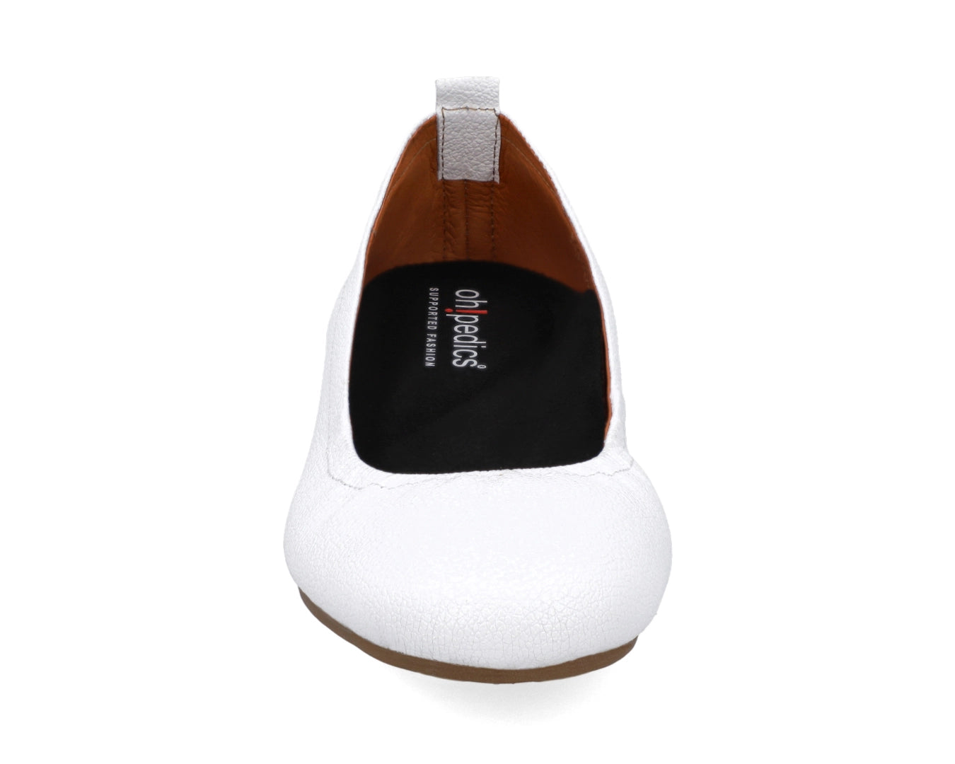Front view of White Full-Grain Leather Ballet Flats with a semi-round toe and BLACK FlexiComfort orthotic for flat feet.