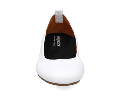 Front view of White Full-Grain Leather Ballet Flats with a semi-round toe and BLACK FlexiComfort orthotic for flat feet.