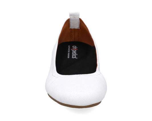 Front view of White Full-Grain Leather Ballet Flats with a semi-round toe and BLACK FlexiComfort orthotic for flat feet.