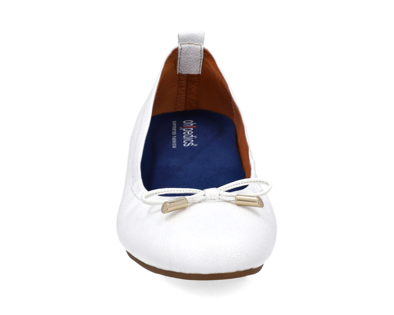 Front view of White full-grain leather ballet flats with a semi-round toe and BLUE ComfortFlex orthotic for feet without problems and 24k-gold-plated-bows.
